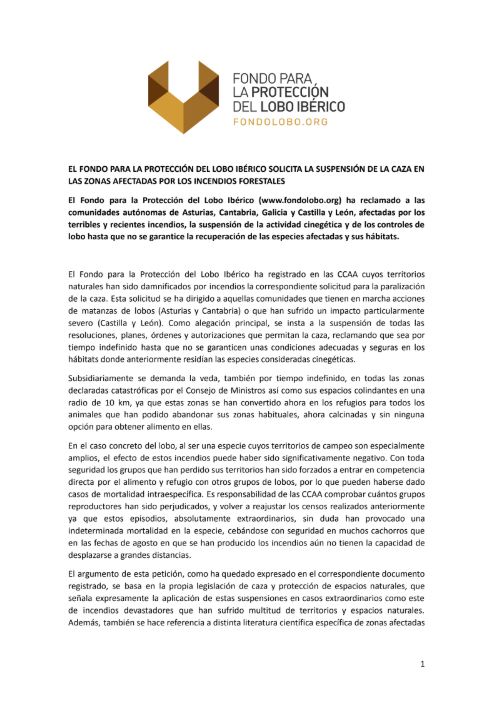 El Fondo para la Protección del Lobo Ibérico solicita la suspensión de la caza y de los controles del lobo en las zonas afectadas por los incendios forestales